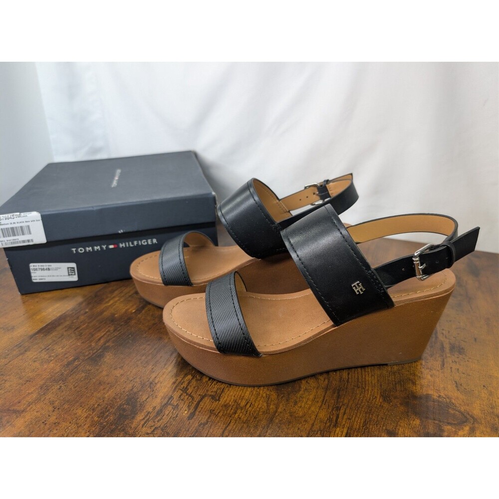 Tommy Hilfiger Black Platform Wedge Sandals With TH Logo NIB Wilder Size 8.5M